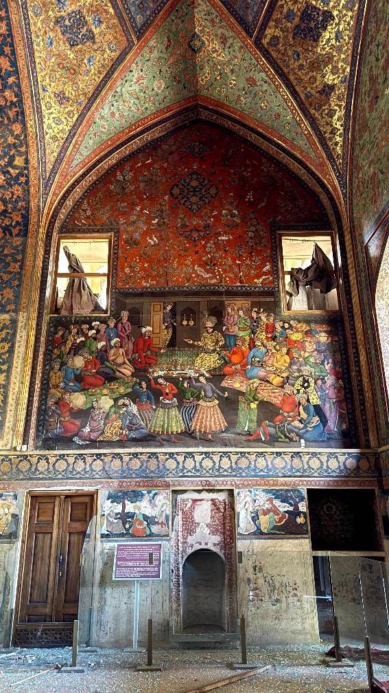 Chehel Sotoun Palace, Isfahan — 17th-century Safavid frescoes cracked, mirror-work damaged after blast waves from nearby strikes