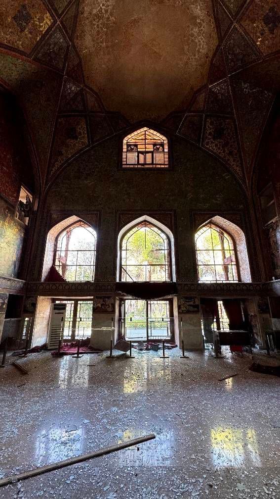 Interior damage at Isfahan Safavid palace complex — double-layered historic ceilings collapsed from blast concussion