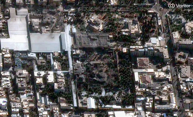 Wide satellite view of destroyed Khamenei compound, Mar 1