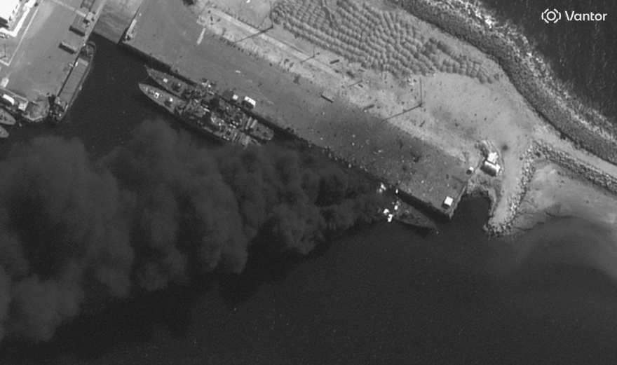Iranian warship burning at Konarak port — satellite imagery