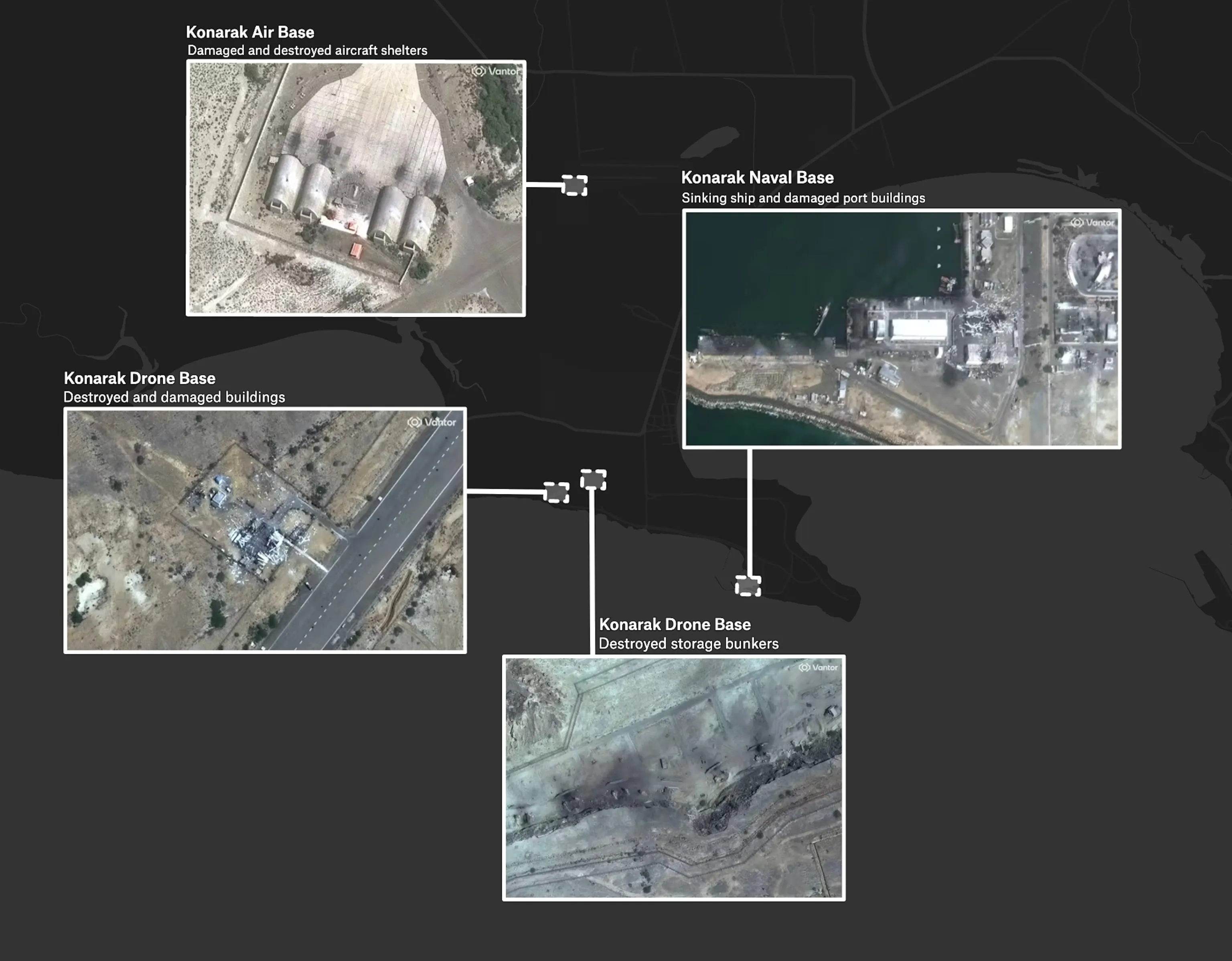 Konarak military complex satellite map — Day 25 comprehensive strike eliminates Iran's naval aviation and air force presence in the southern theater