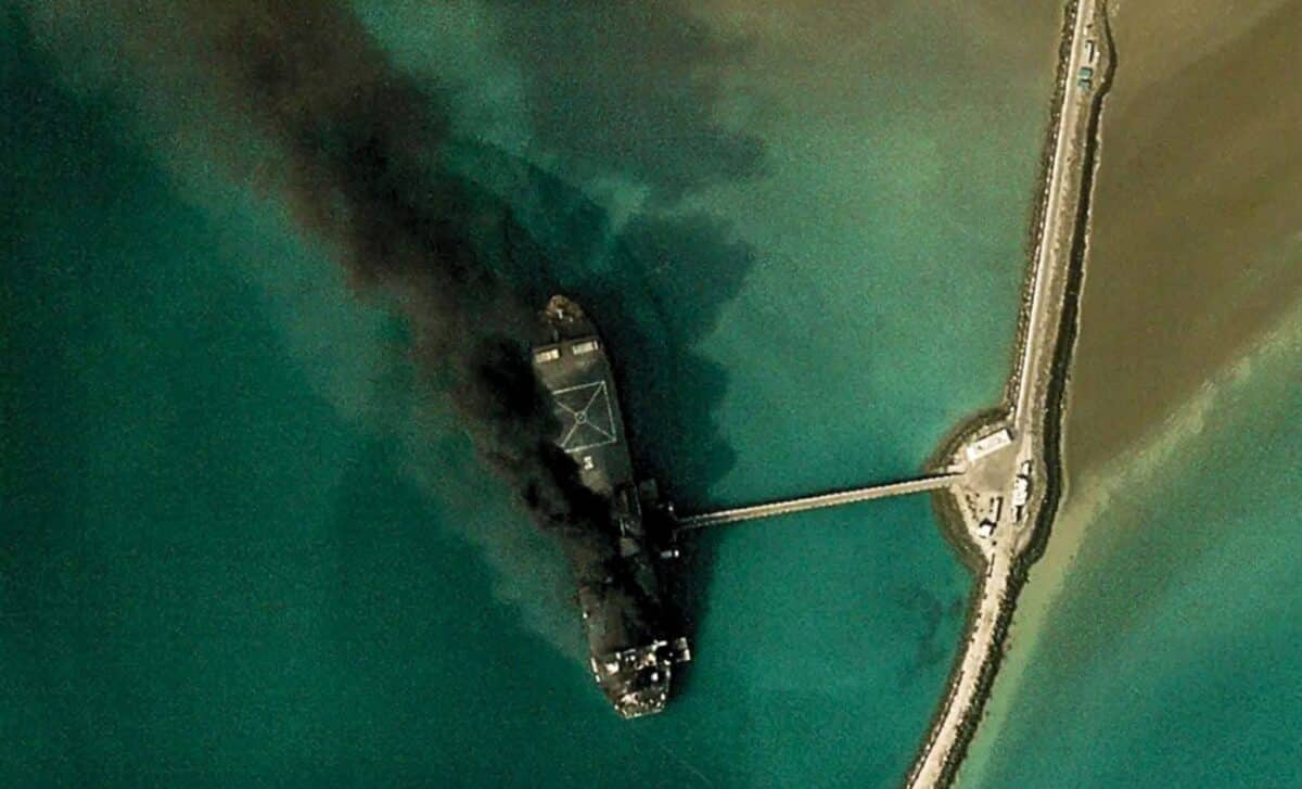 IRIS Makran drone carrier burning — satellite imagery