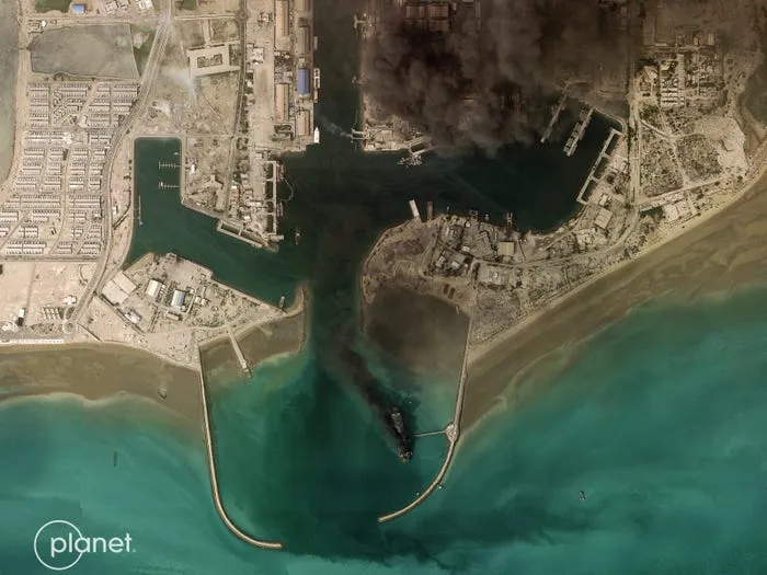 IRIS Makran on fire — close-up showing massive conflagration