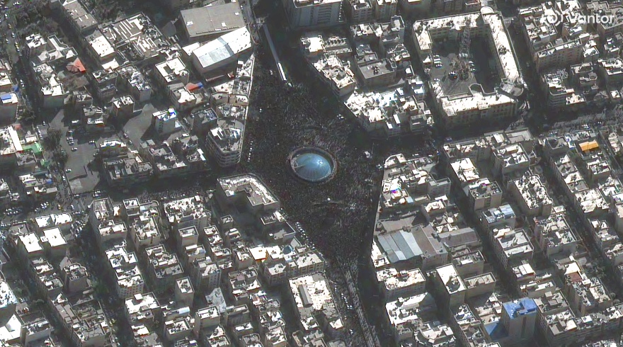 Enghelab Square mourners — satellite view showing crowd, Mar 1