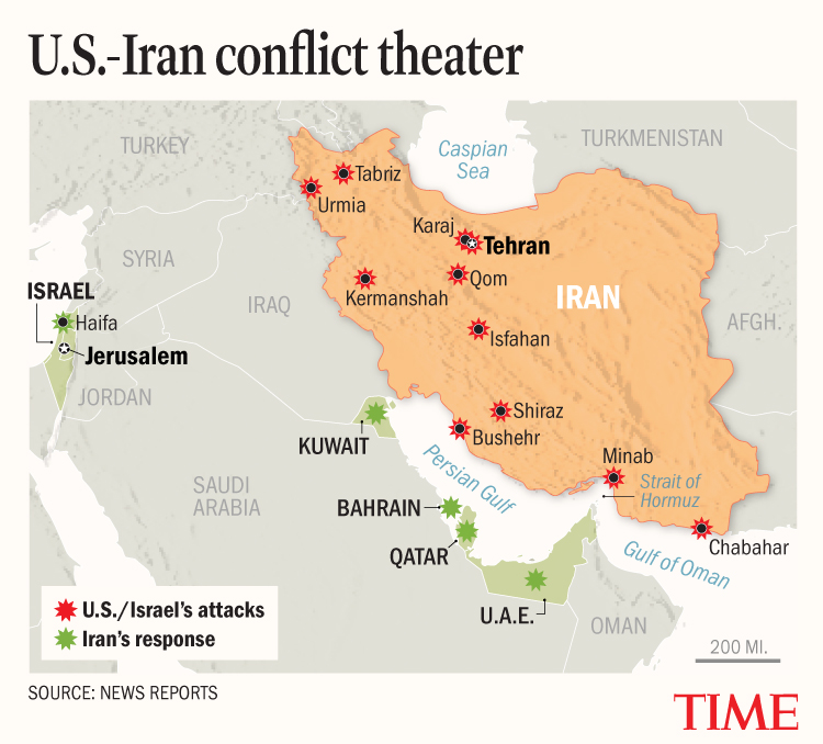Map of US-Israel-Iran attacks across the Middle East, Feb 28